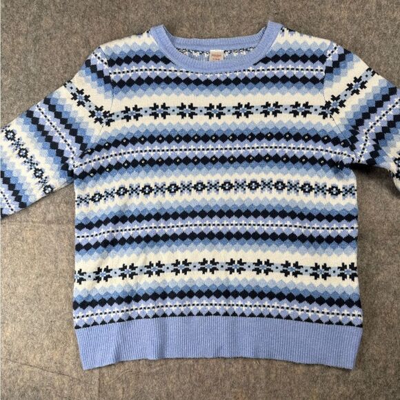 Holiday Time Sweater Women's Size XL (16-18) Blue Black White Fair Isle Pullover - Picture 1 of 8